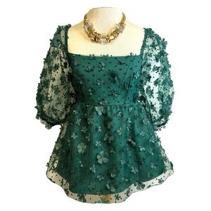 Thrity/Thirty forest green Floral Puff Sleeve Babydoll Top sheer fairy whimsy‎